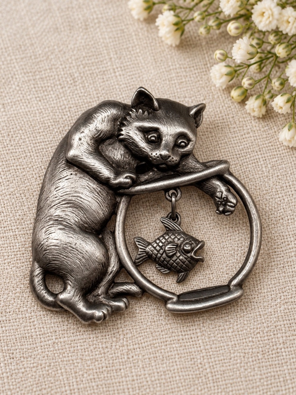 Vintage JJ Jonette Pewter Cat & Fish Dangle Brooch